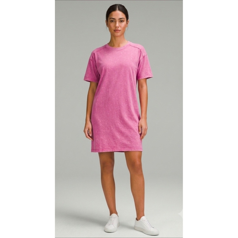 Pink Acid Wash Cotton T-Shirt Dress Short Sleeve Midi ND31601 Medium